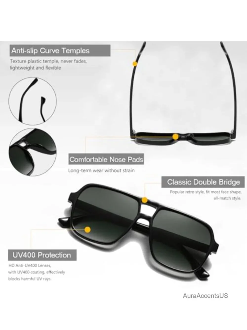 Oversized Square Pilot Sunglasses UV400 Retro 70s Unisex